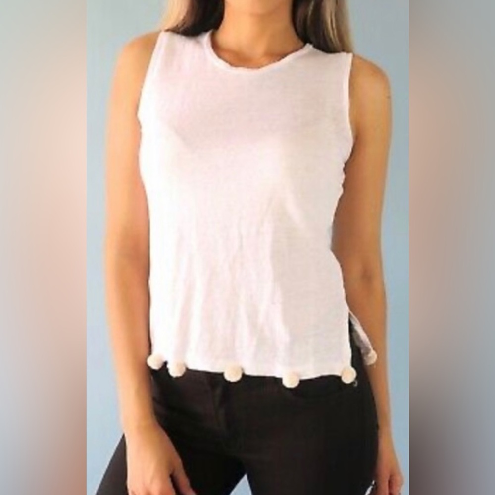 J Crew 100% Linen Tank with Pom Poms